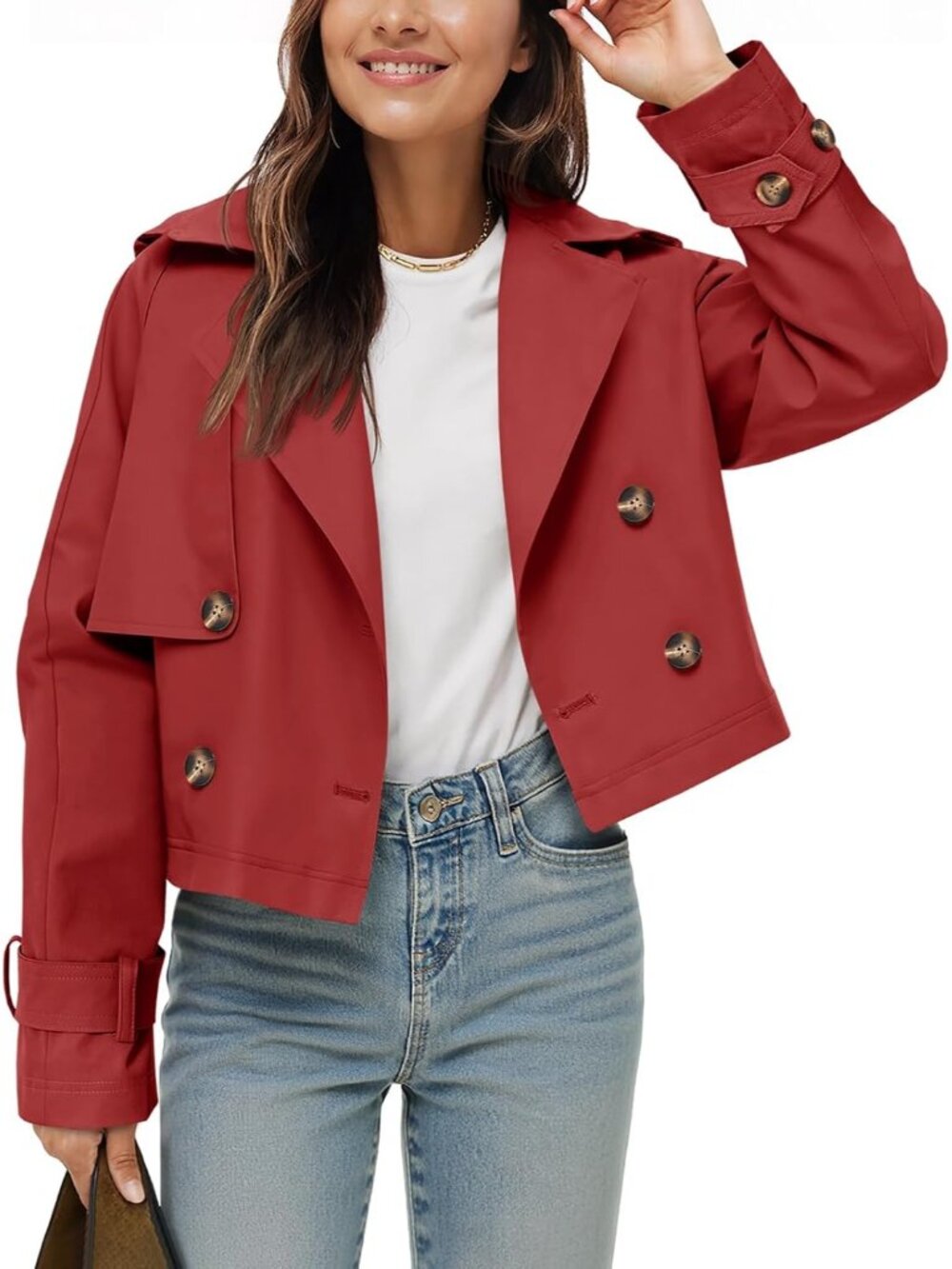 Women's Red Cropped Double Breasted Oversized Lapel Collar Short Trench Coat